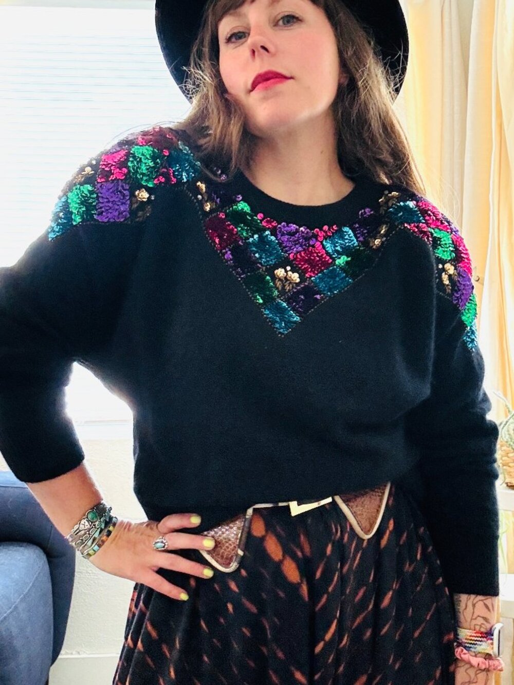 Vintage 80s Climax Black Lambswool Angora Bright Sequin Sweater | Size M/L